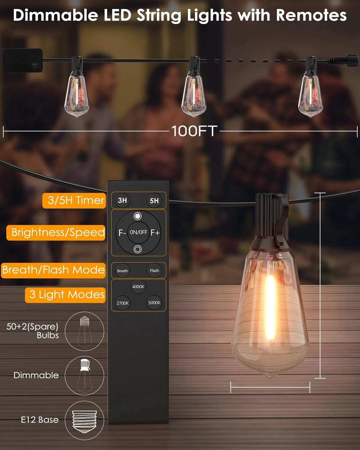 100ft Outdoor Vintage Edison String Lights
