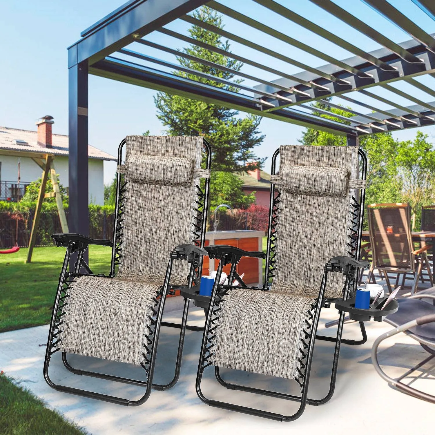 2-Pack: Foldable Zero Gravity Lounge Chair with Dual Side Tray