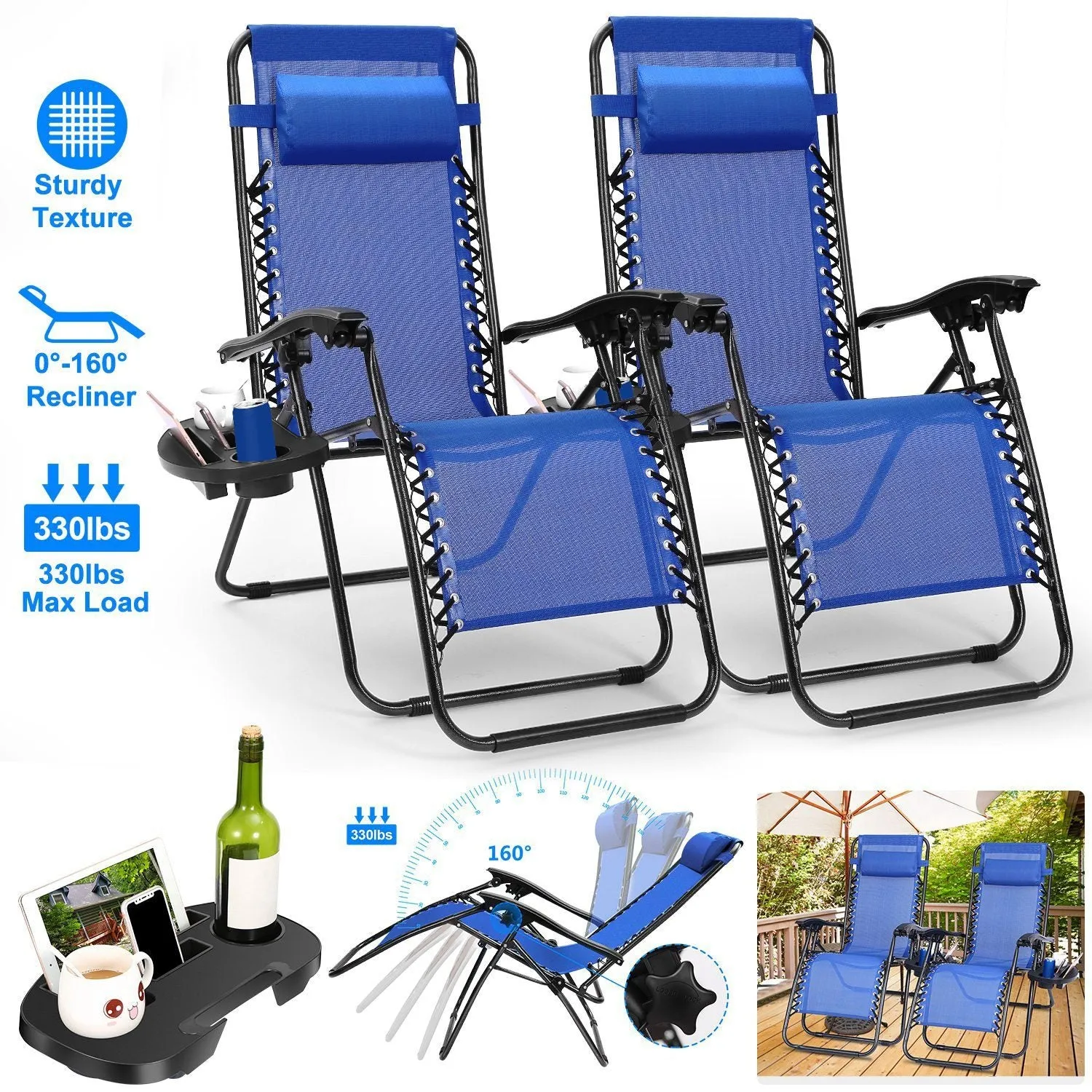 2-Pack: Foldable Zero Gravity Lounge Chair with Dual Side Tray