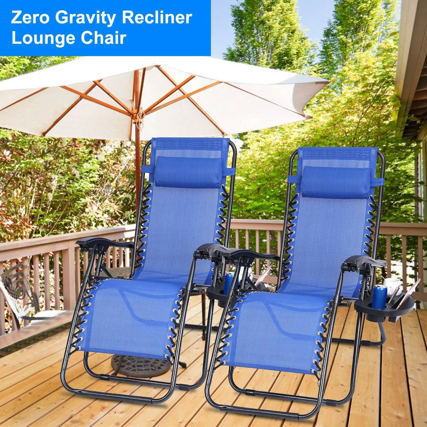 2-Pack: Foldable Zero Gravity Lounge Chair with Dual Side Tray