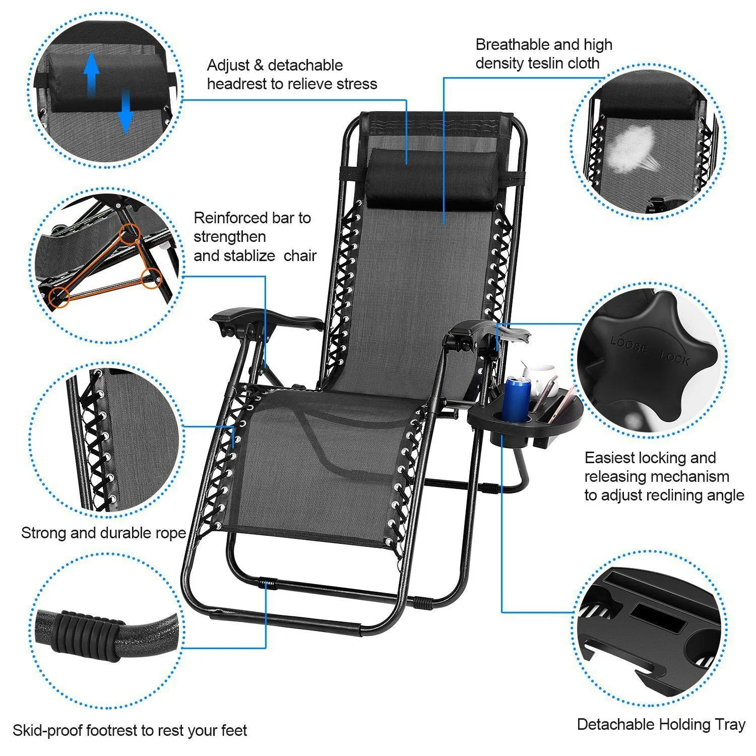 2-Pack: Foldable Zero Gravity Lounge Chair with Dual Side Tray