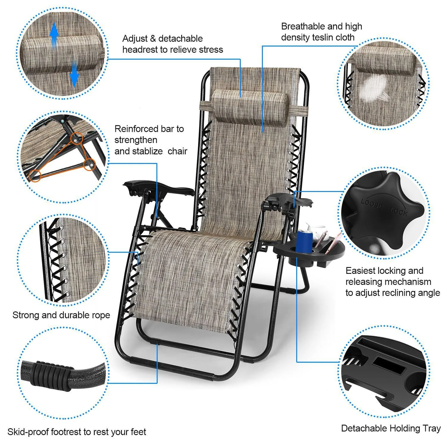 2-Pack: Foldable Zero Gravity Lounge Chair with Dual Side Tray
