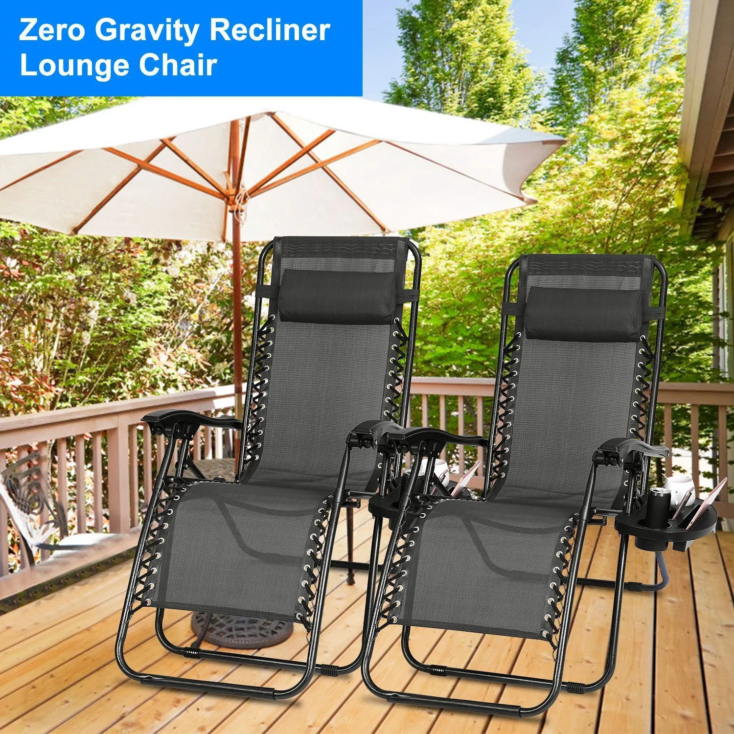 2-Pack: Foldable Zero Gravity Lounge Chair with Dual Side Tray