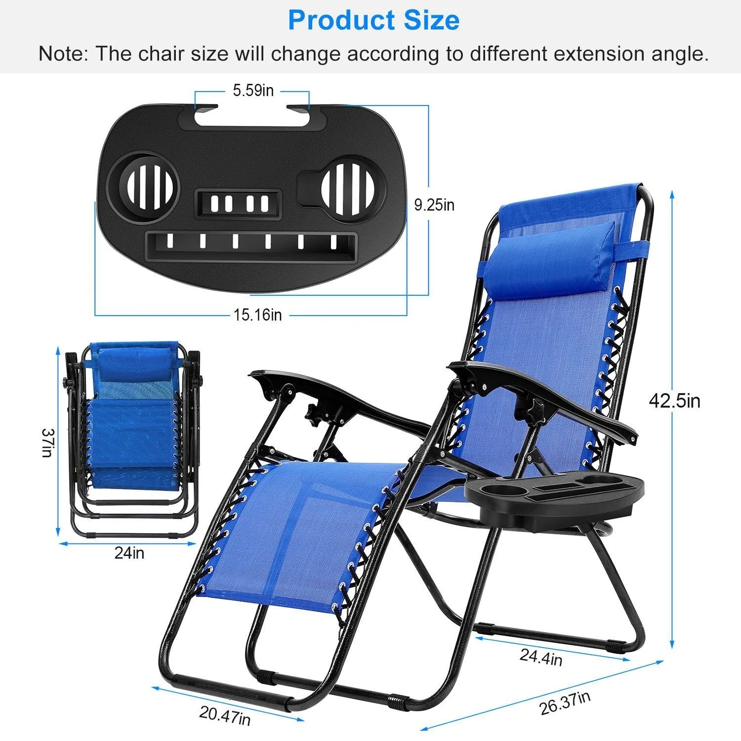 2-Pack: Foldable Zero Gravity Lounge Chair with Dual Side Tray