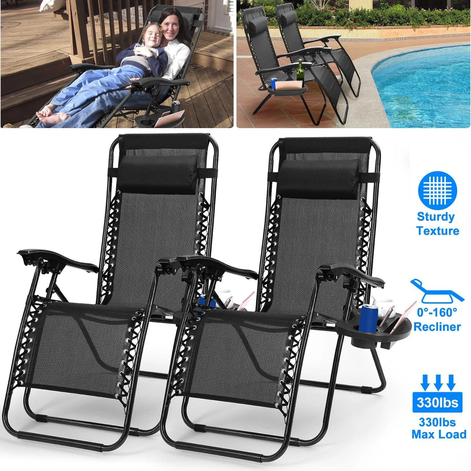 2-Pack: Foldable Zero Gravity Lounge Chair with Dual Side Tray