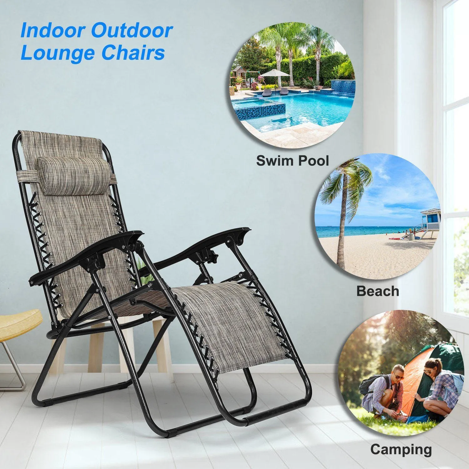 2-Pack: Foldable Zero Gravity Lounge Chair with Dual Side Tray