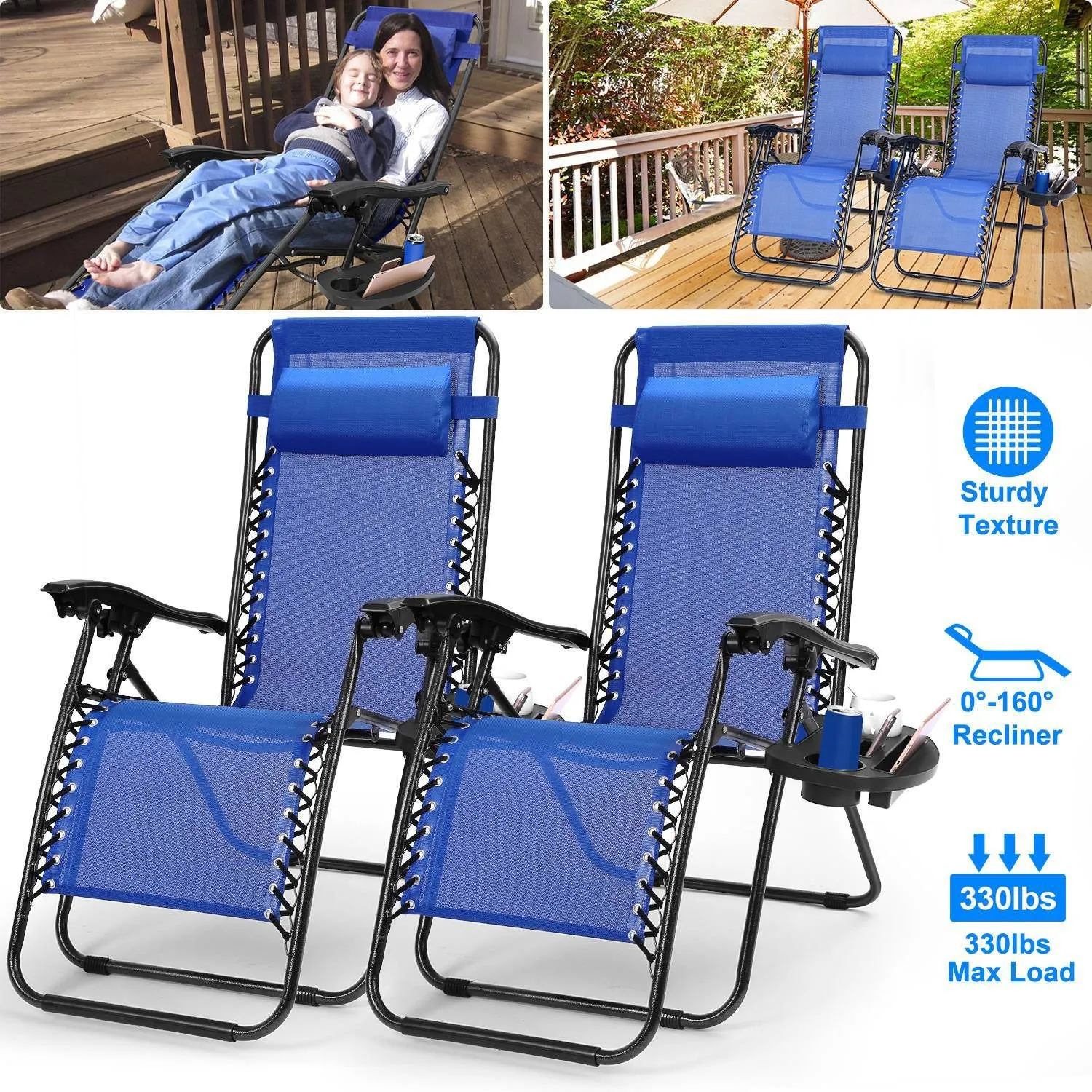 2-Pack: Foldable Zero Gravity Lounge Chair with Dual Side Tray