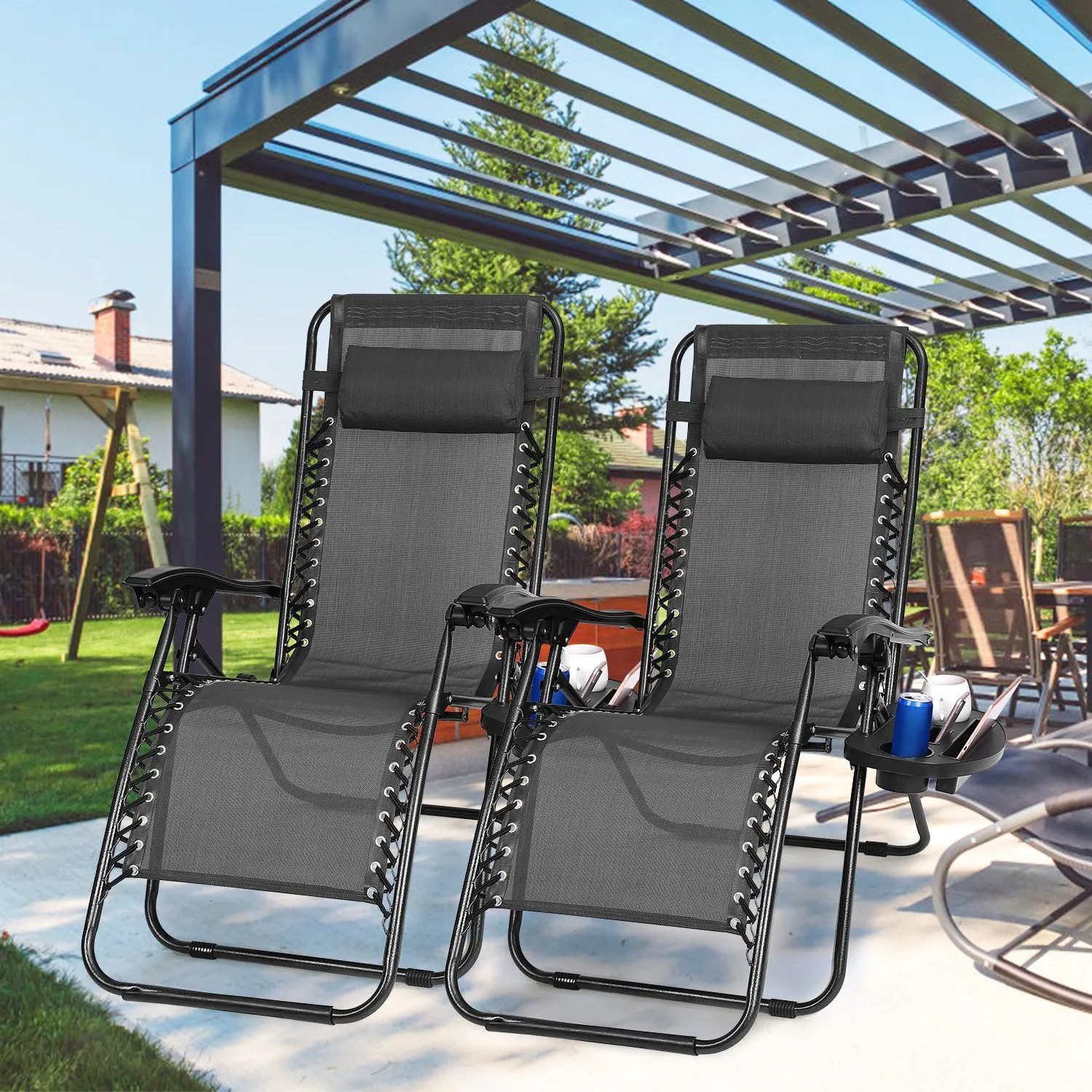 2-Pack: Foldable Zero Gravity Lounge Chair with Dual Side Tray