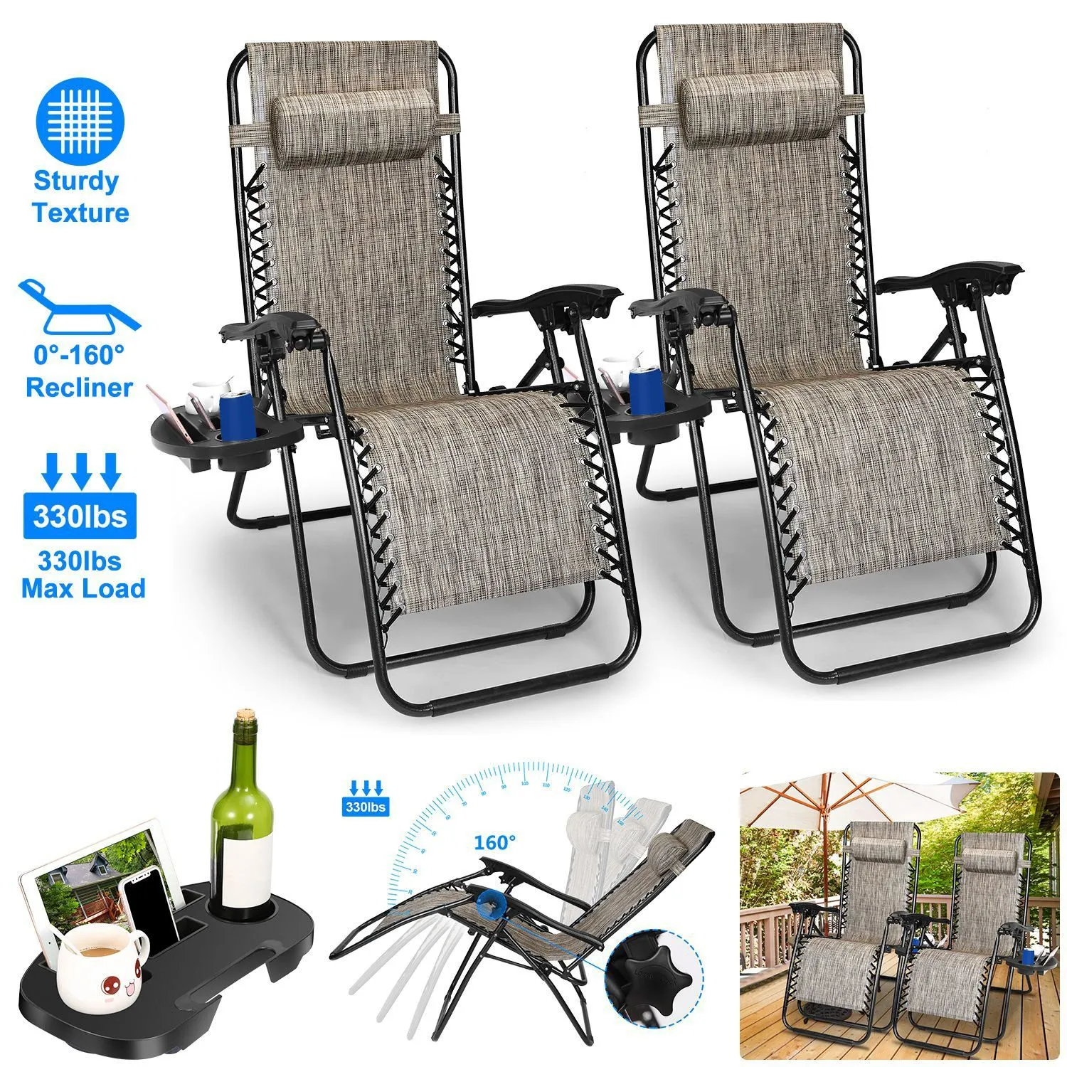 2-Pack: Foldable Zero Gravity Lounge Chair with Dual Side Tray