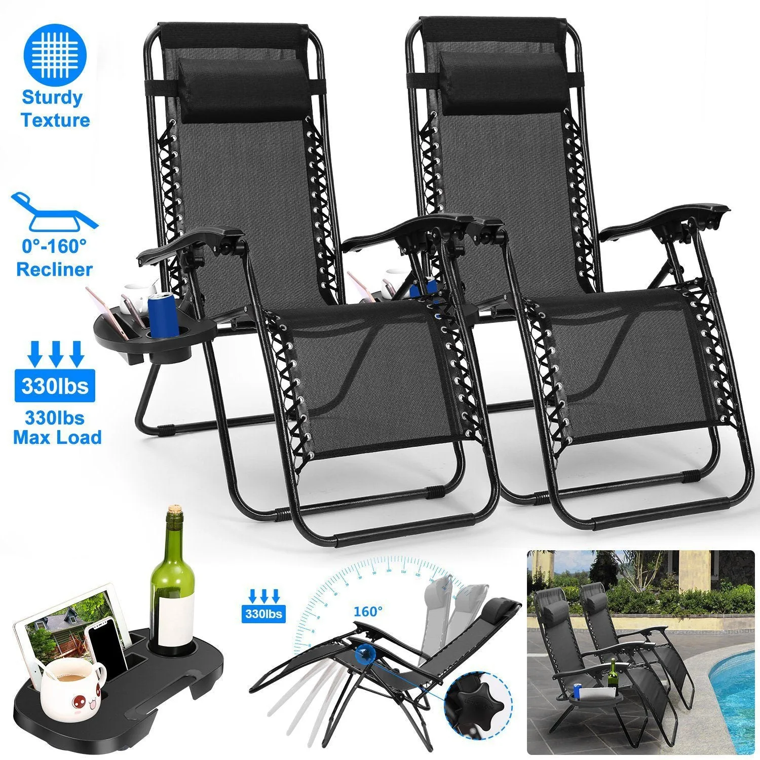 2-Pack: Foldable Zero Gravity Lounge Chair with Dual Side Tray