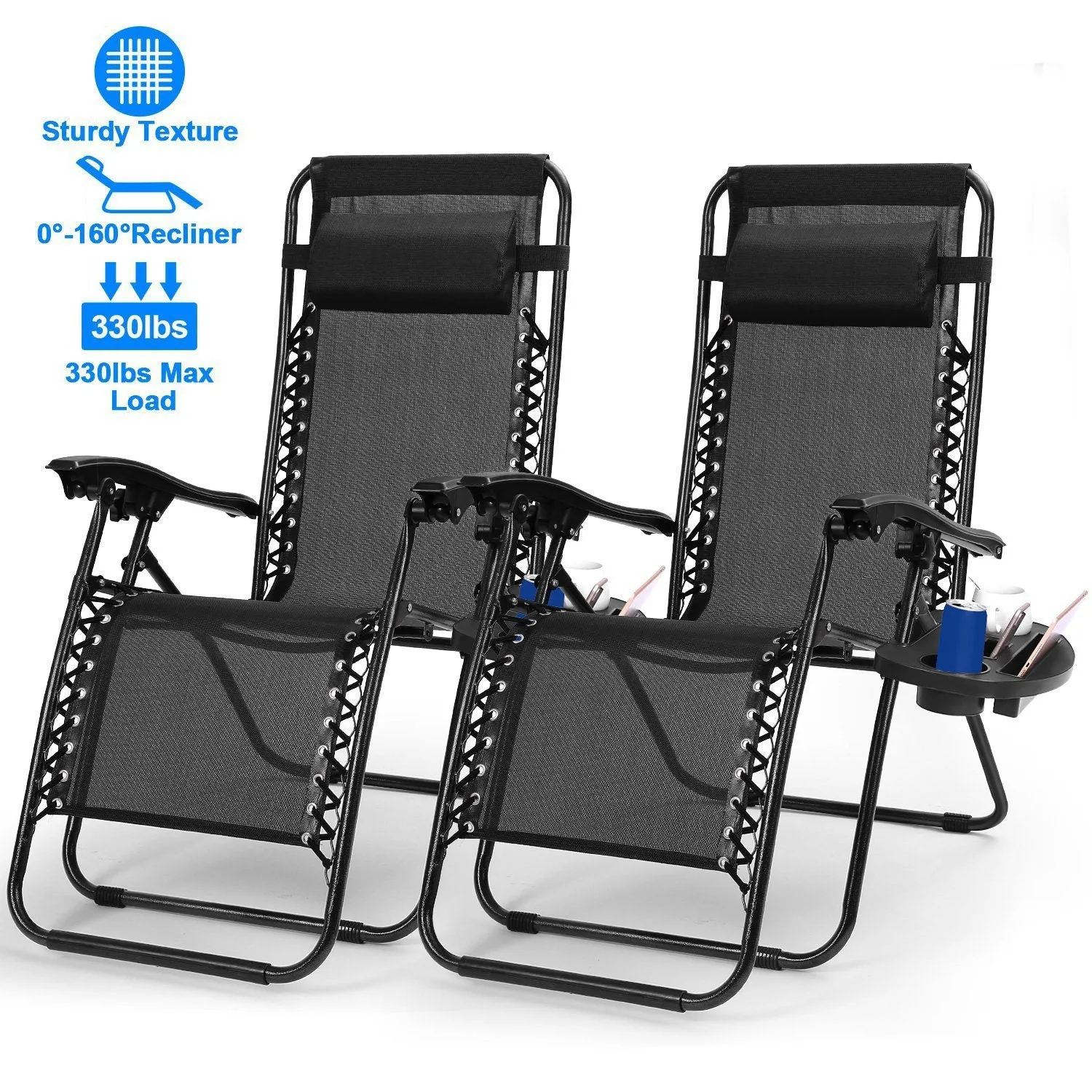 2-Pack: Foldable Zero Gravity Lounge Chair with Dual Side Tray