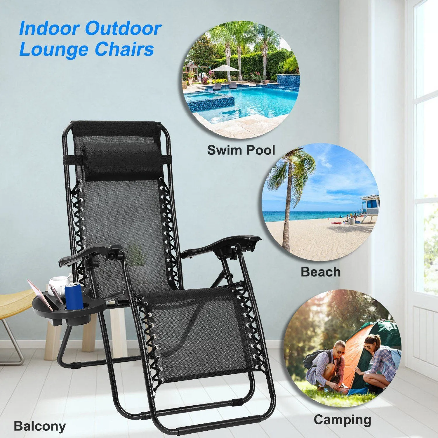 2-Pack: Foldable Zero Gravity Lounge Chair with Dual Side Tray