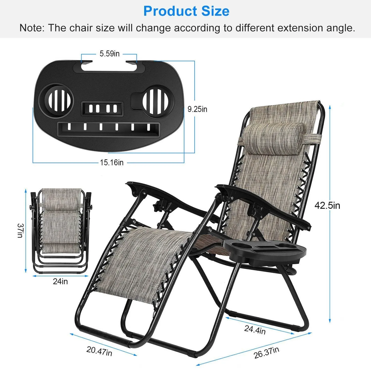 2-Pack: Foldable Zero Gravity Lounge Chair with Dual Side Tray