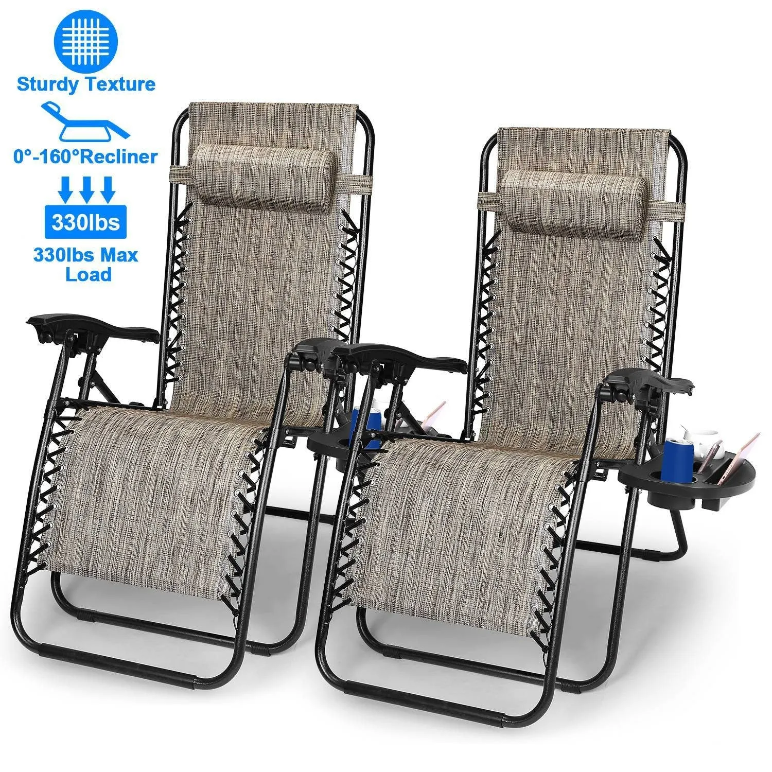 2-Pack: Foldable Zero Gravity Lounge Chair with Dual Side Tray