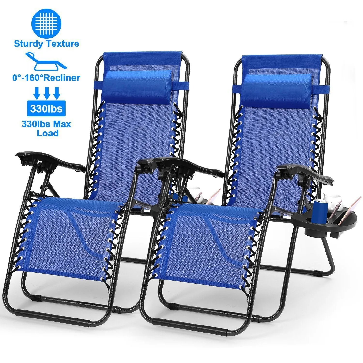 2-Pack: Foldable Zero Gravity Lounge Chair with Dual Side Tray