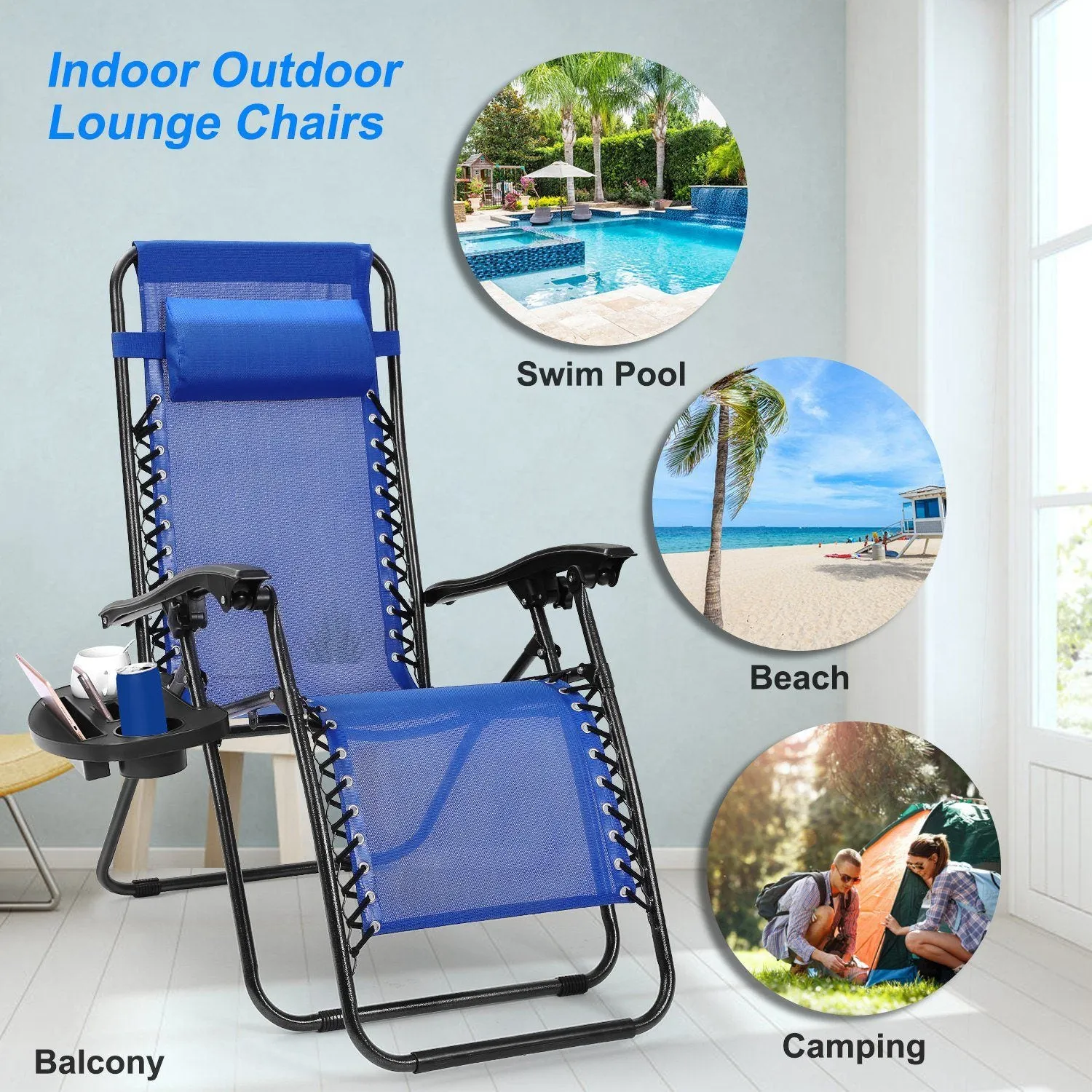 2-Pack: Foldable Zero Gravity Lounge Chair with Dual Side Tray