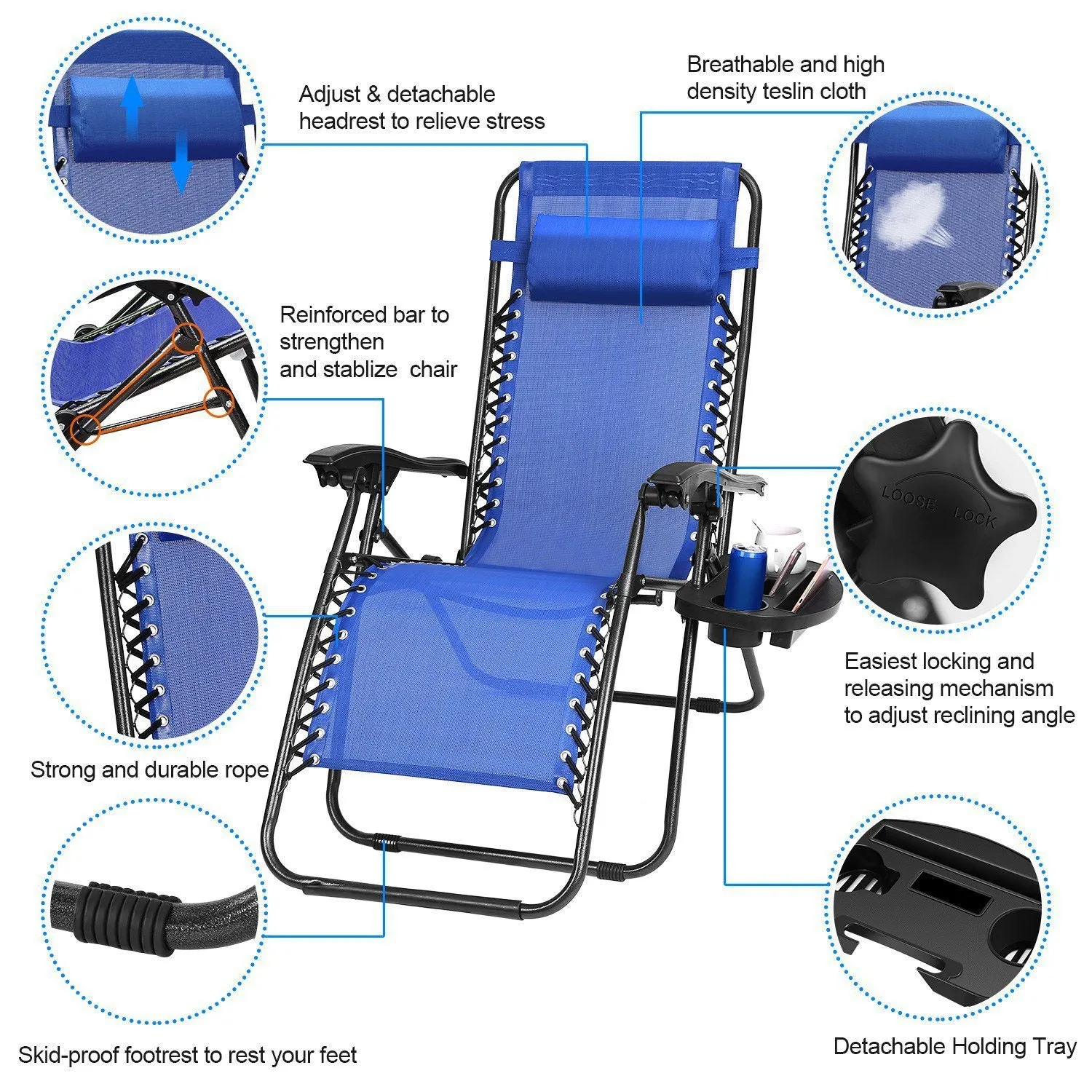 2-Pack: Foldable Zero Gravity Lounge Chair with Dual Side Tray