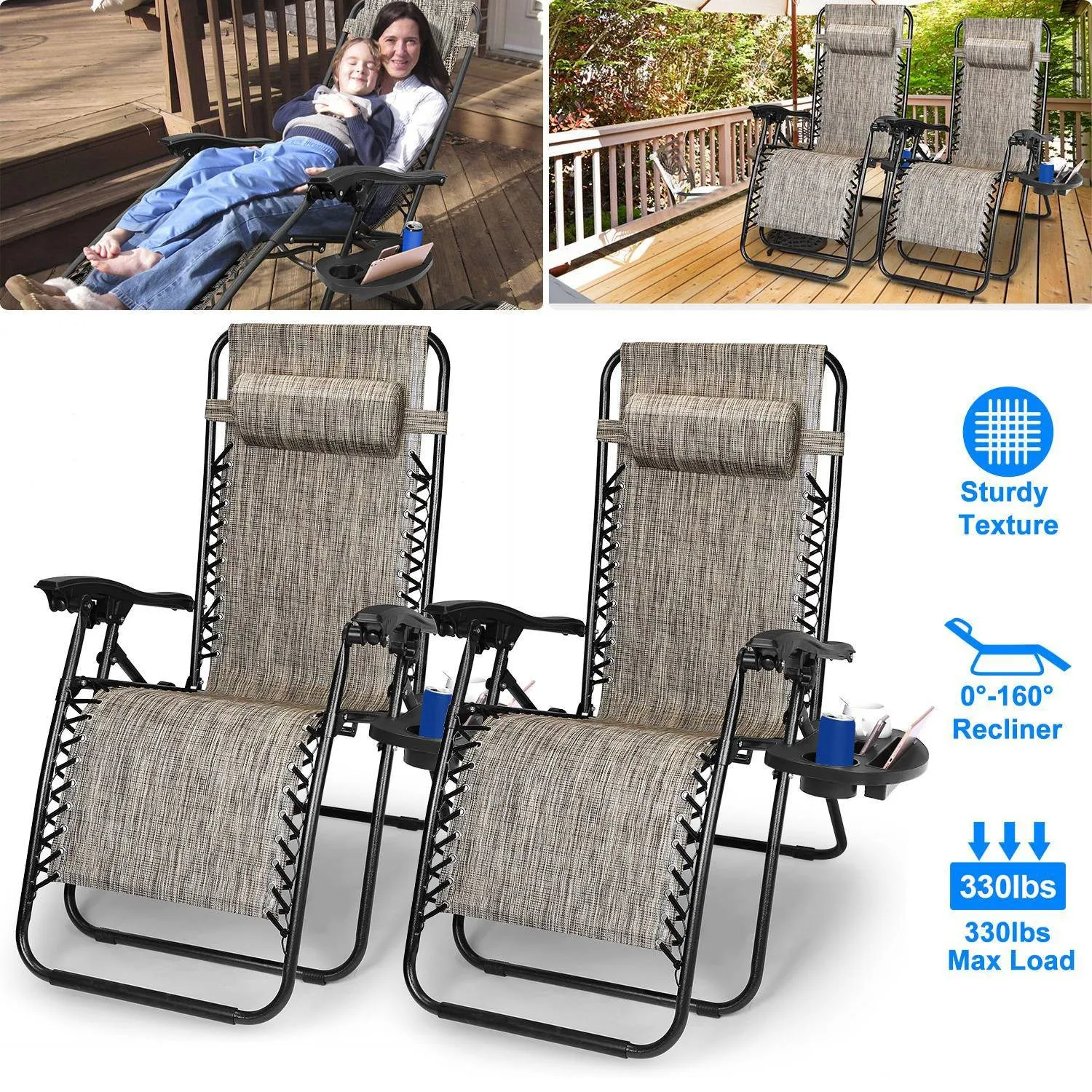 2-Pack: Foldable Zero Gravity Lounge Chair with Dual Side Tray