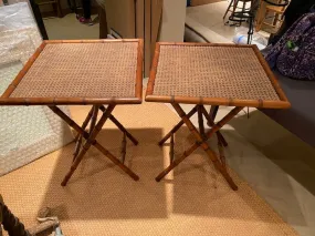 2 Vintage Cane Top, Bamboo Style Folding Tray Tables