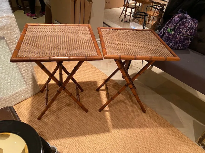2 Vintage Cane Top, Bamboo Style Folding Tray Tables