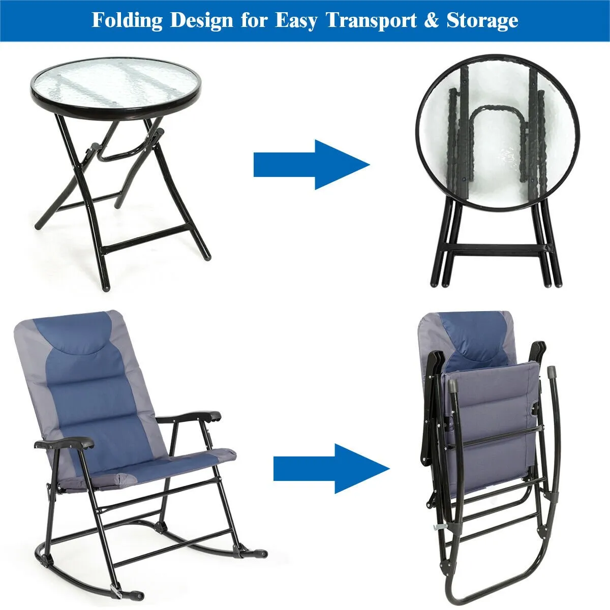 3 Pcs Folding Bistro Set Outdoor Rocking Chairs and Table Set-Blue & Gray