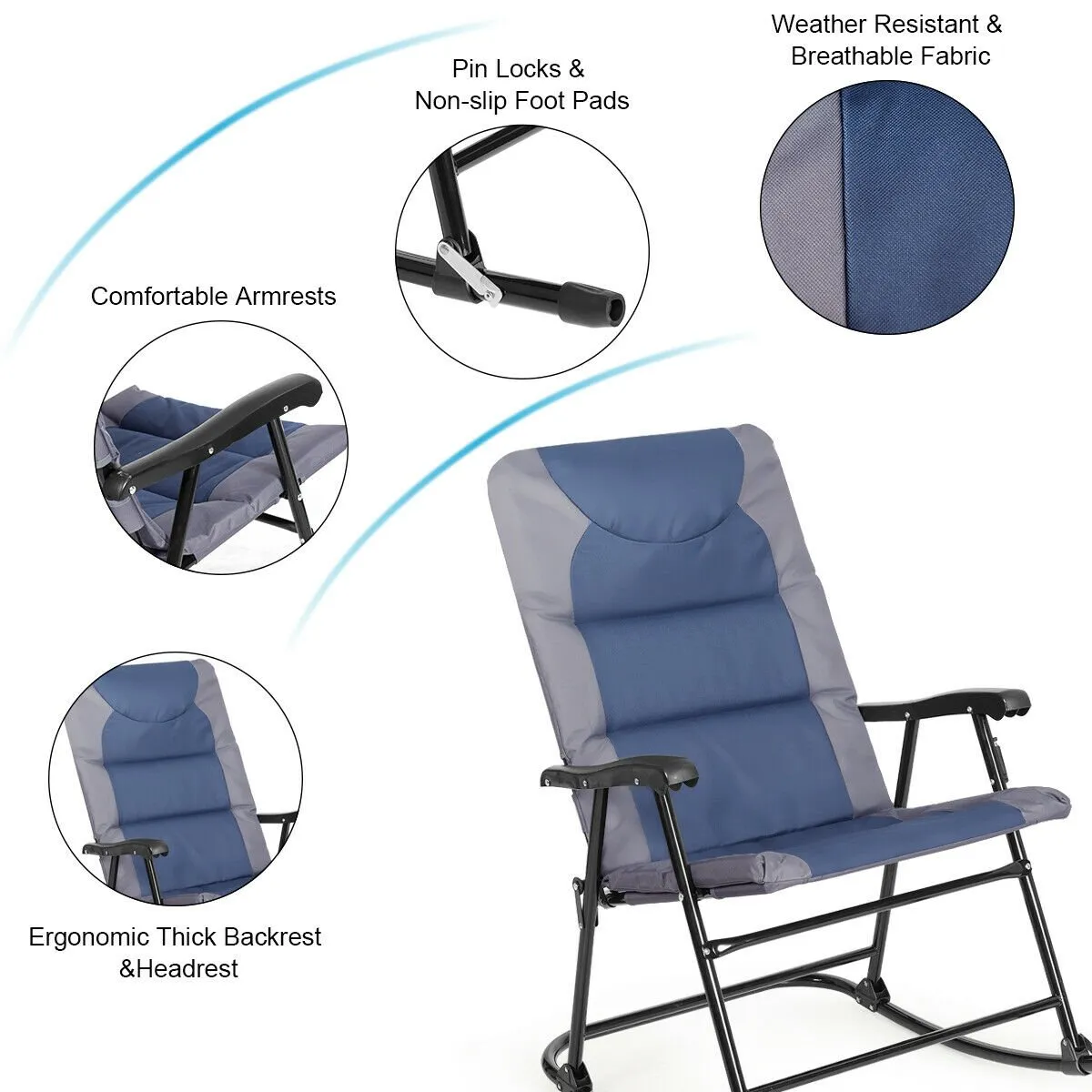 3 Pcs Folding Bistro Set Outdoor Rocking Chairs and Table Set-Blue & Gray