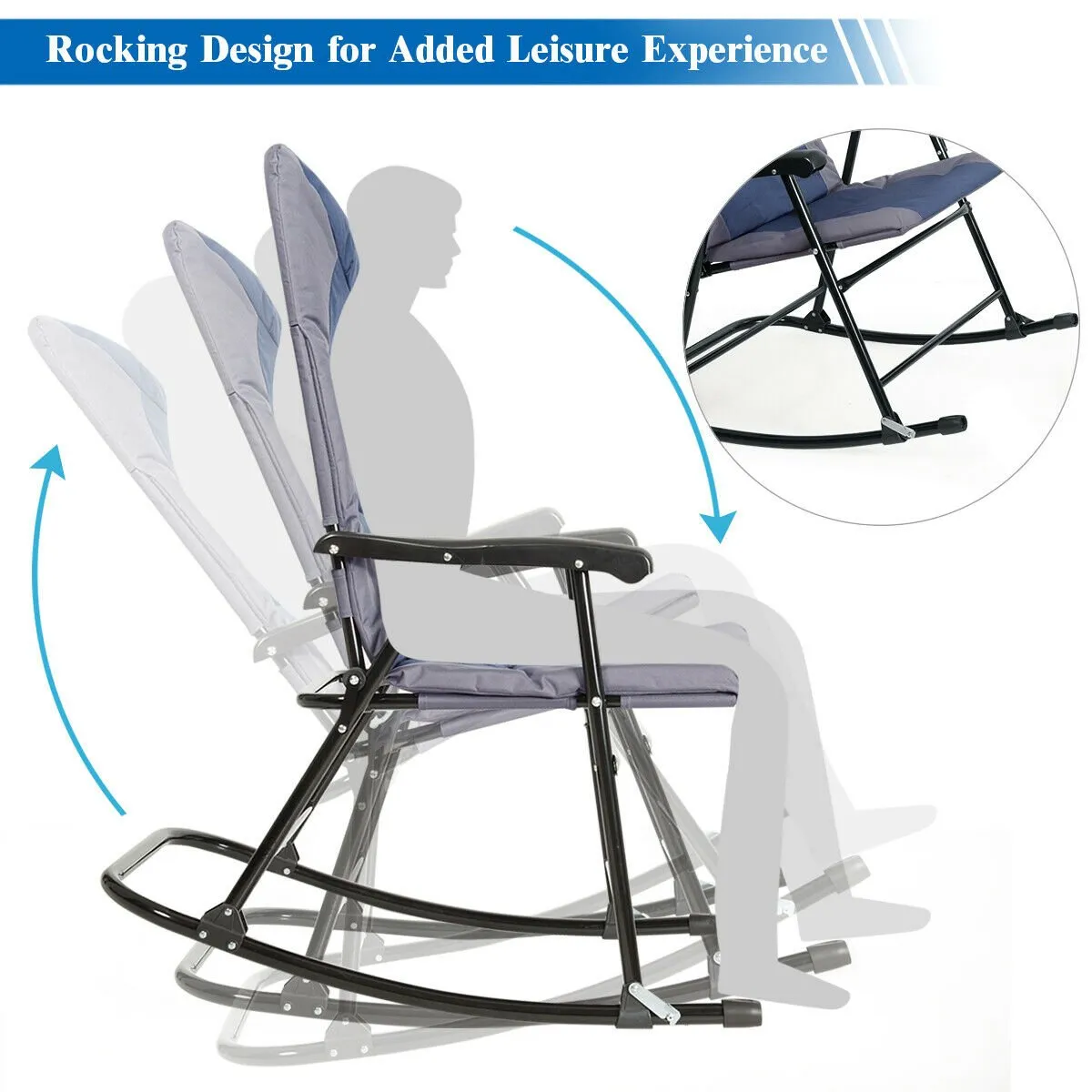 3 Pcs Folding Bistro Set Outdoor Rocking Chairs and Table Set-Blue & Gray