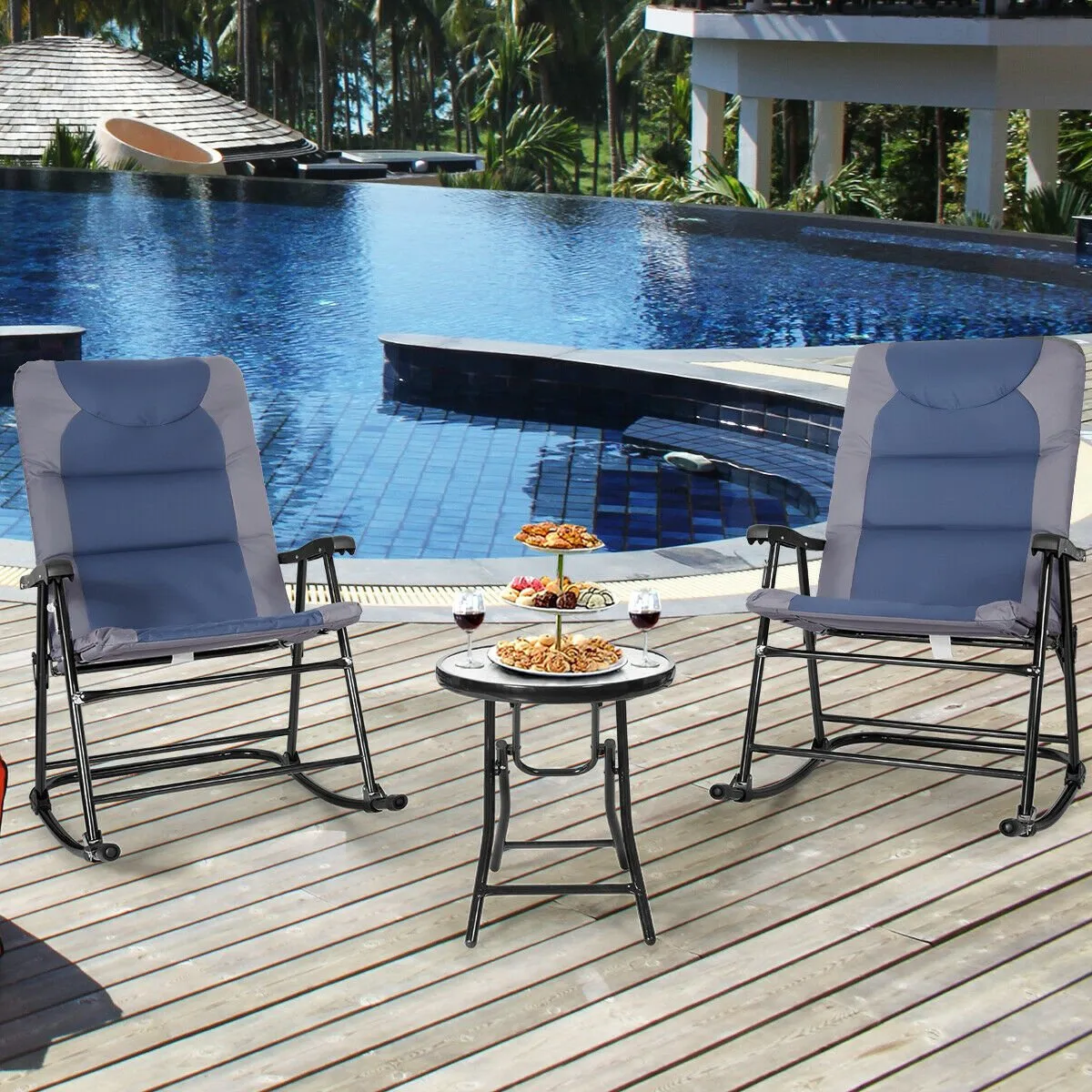 3 Pcs Folding Bistro Set Outdoor Rocking Chairs and Table Set-Blue & Gray