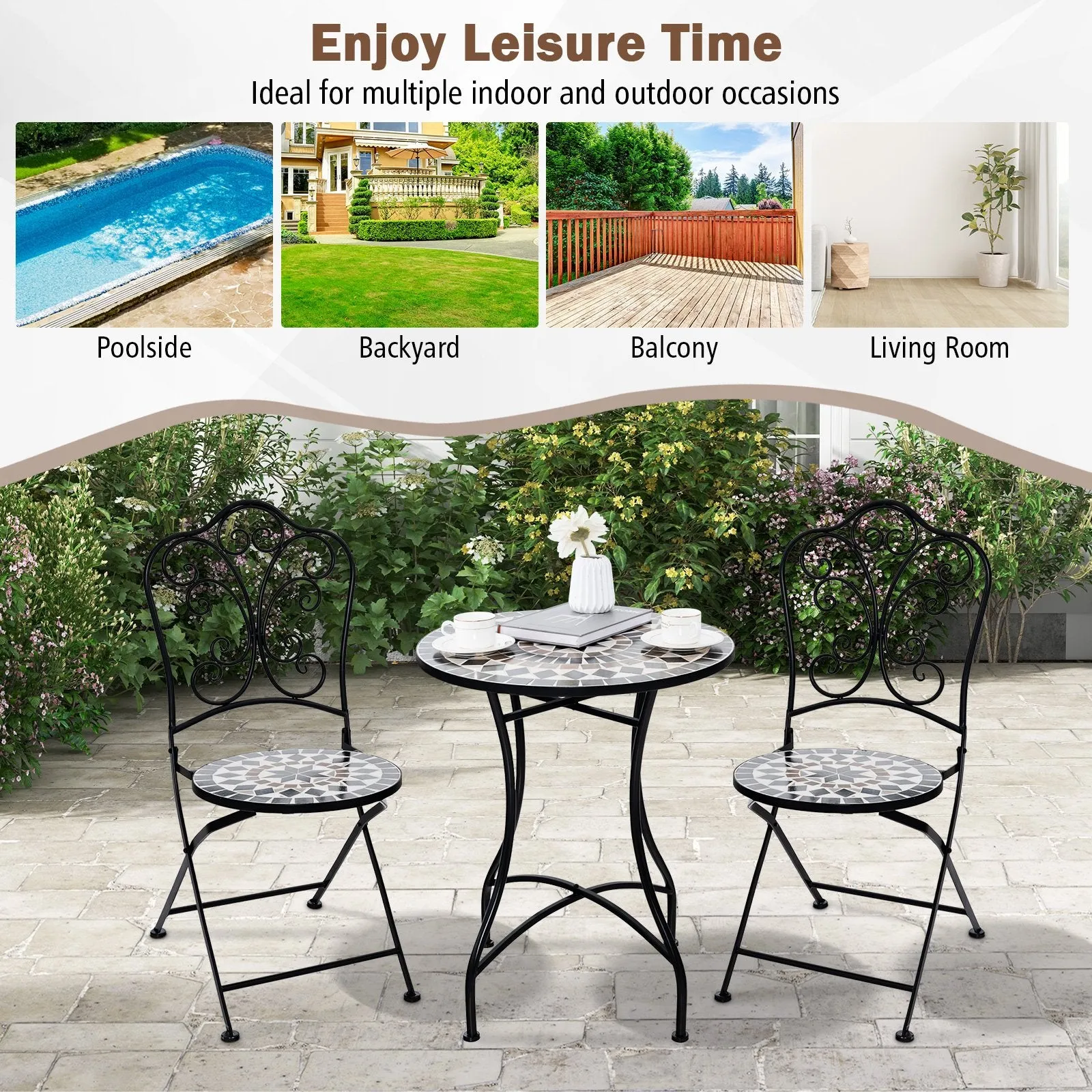 3 Piece Patio Bistro Set Round Table and 2 Folding Chairs