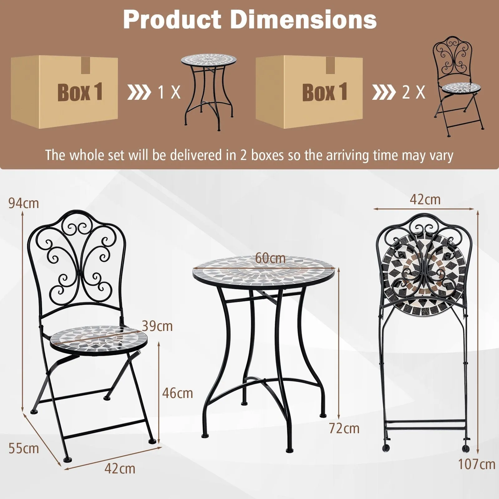 3 Piece Patio Bistro Set Round Table and 2 Folding Chairs