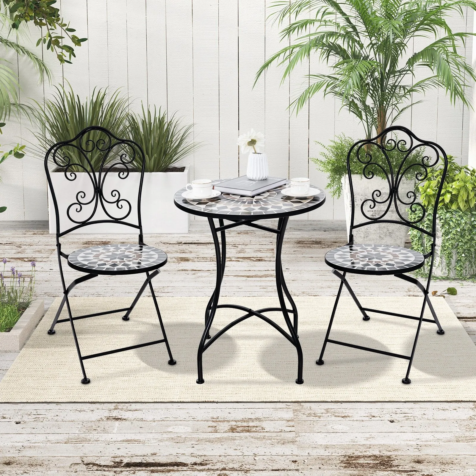 3 Piece Patio Bistro Set Round Table and 2 Folding Chairs