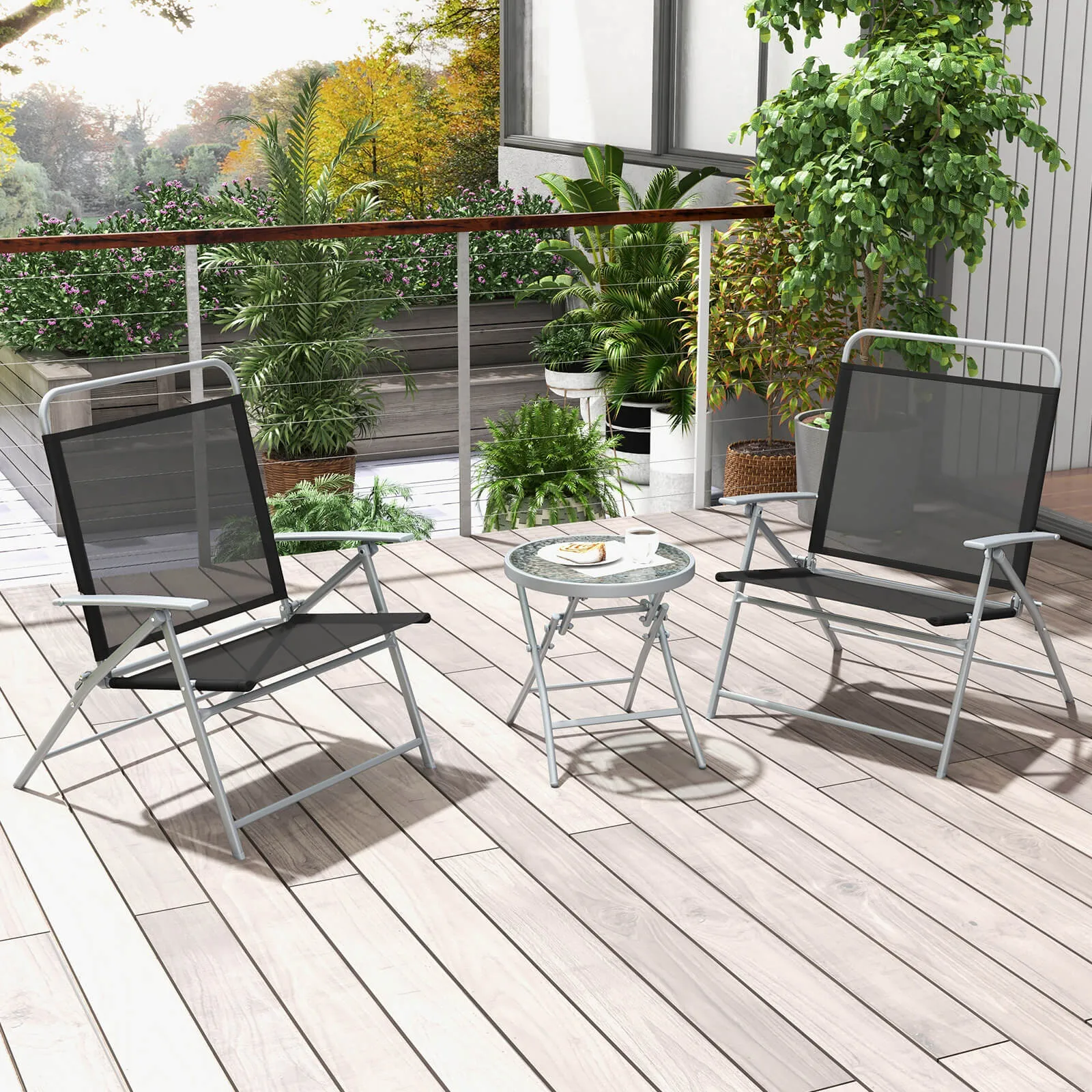 3 Pieces Foldable Patio Bistro Set with Glass Tabletop
