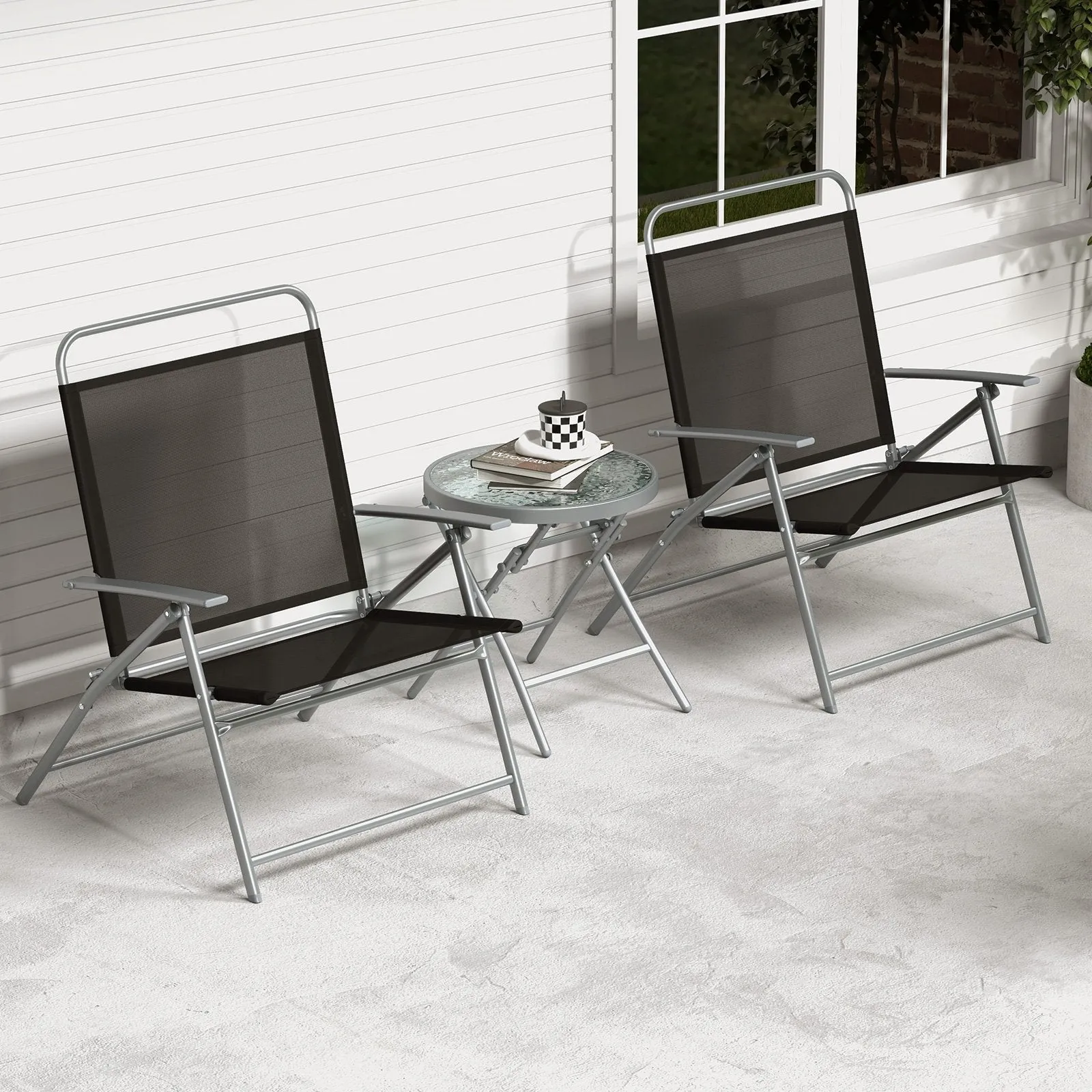 3 Pieces Foldable Patio Bistro Set with Glass Tabletop