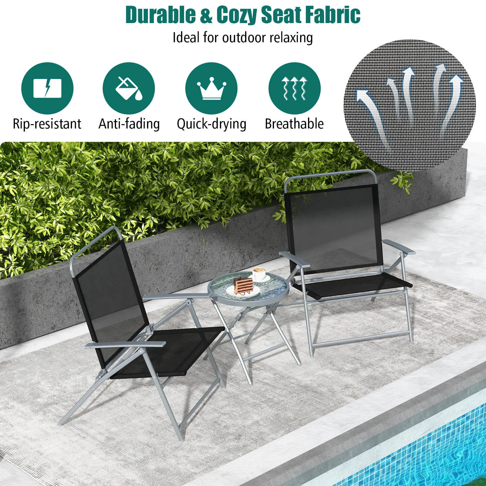 3 Pieces Foldable Patio Bistro Set with Glass Tabletop