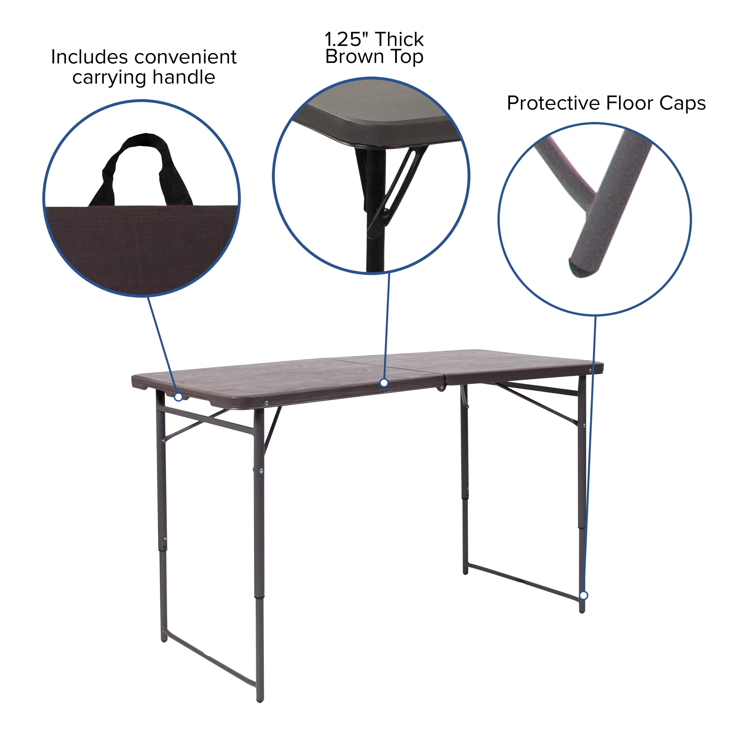 4-Foot Height Adjustable Bi-Fold Dark Gray Plastic Folding Table with Carrying Handle