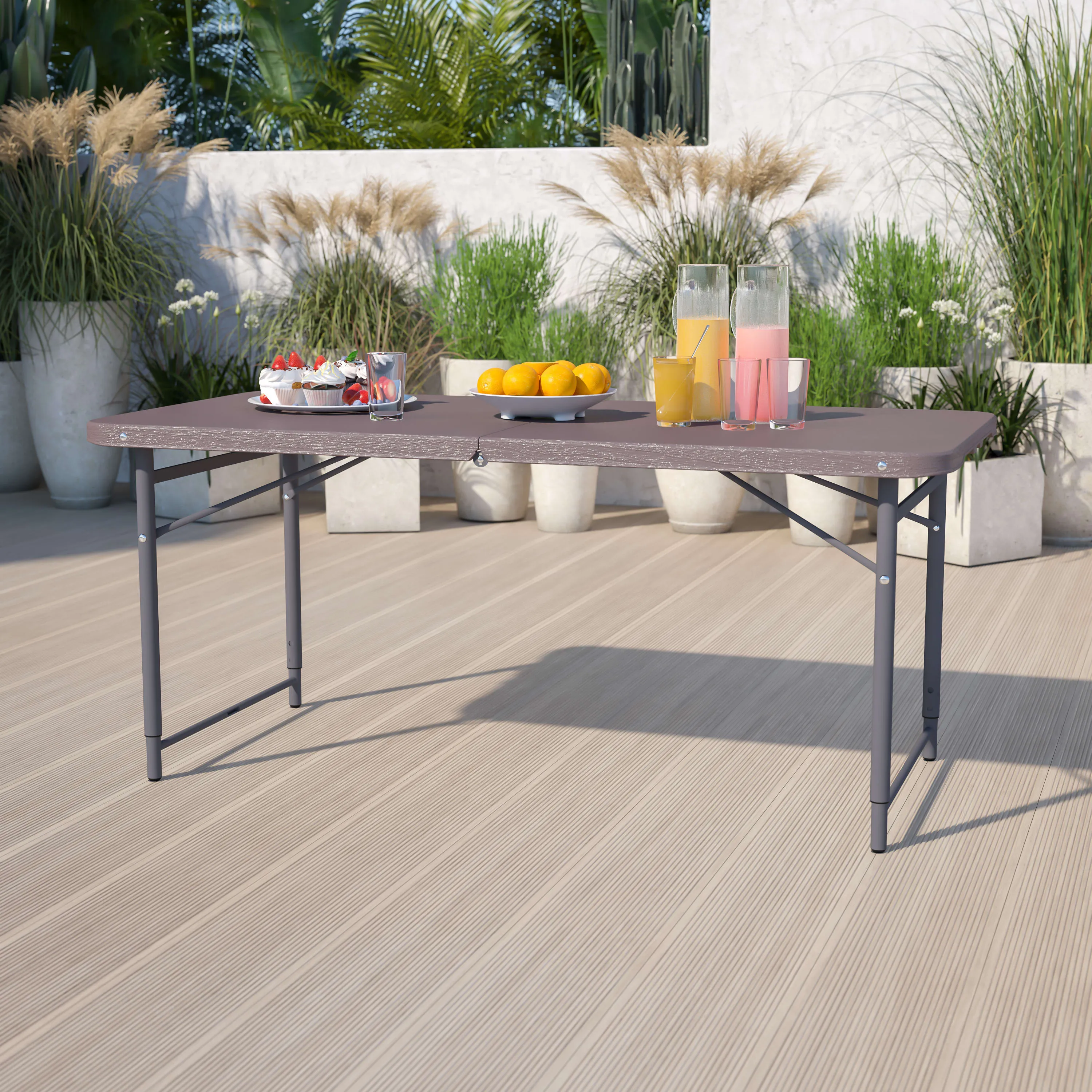 4-Foot Height Adjustable Bi-Fold Dark Gray Plastic Folding Table with Carrying Handle