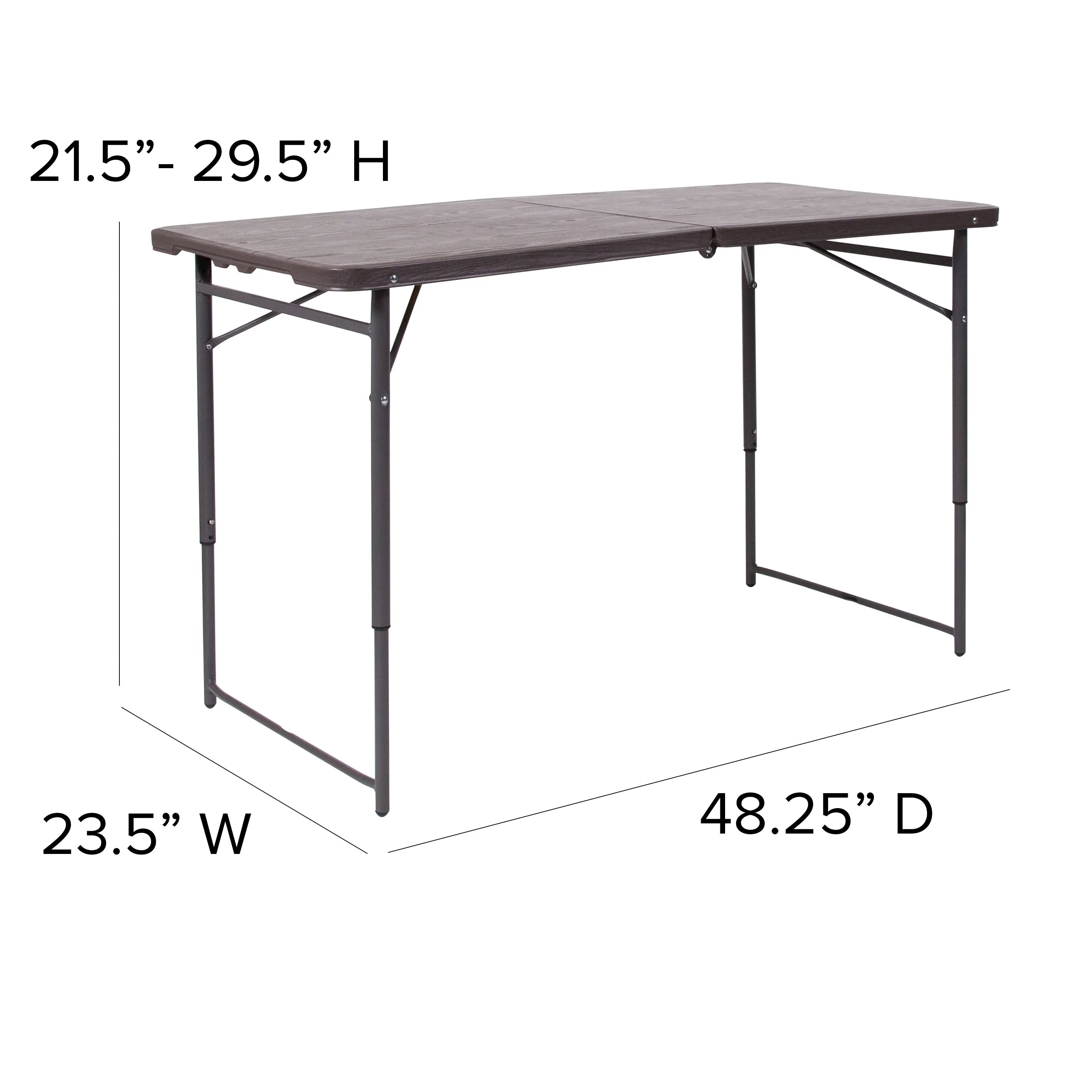 4-Foot Height Adjustable Bi-Fold Dark Gray Plastic Folding Table with Carrying Handle