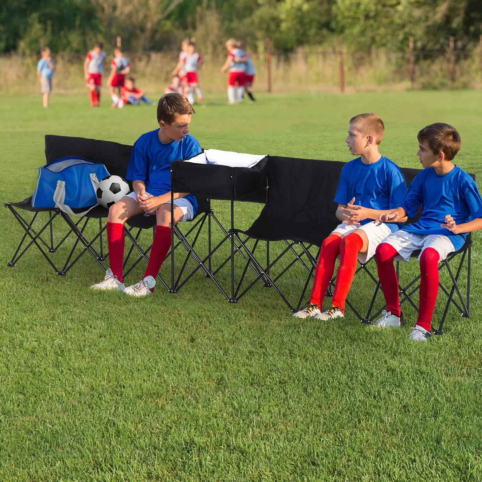 6 Seater Folding Steel Camping Bench With Cooler Bag Black