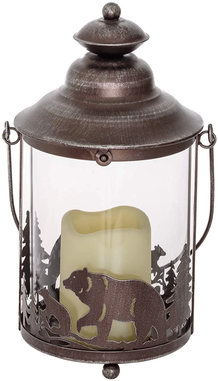 Bear LED Candle Lantern Lights Decorative - LG Round Glass Holder Table top & Hanging Lantern for Indoor Outdoor by Pine Ridge | 3AAA Battery Operated | Flameless | Halloween and Christmas