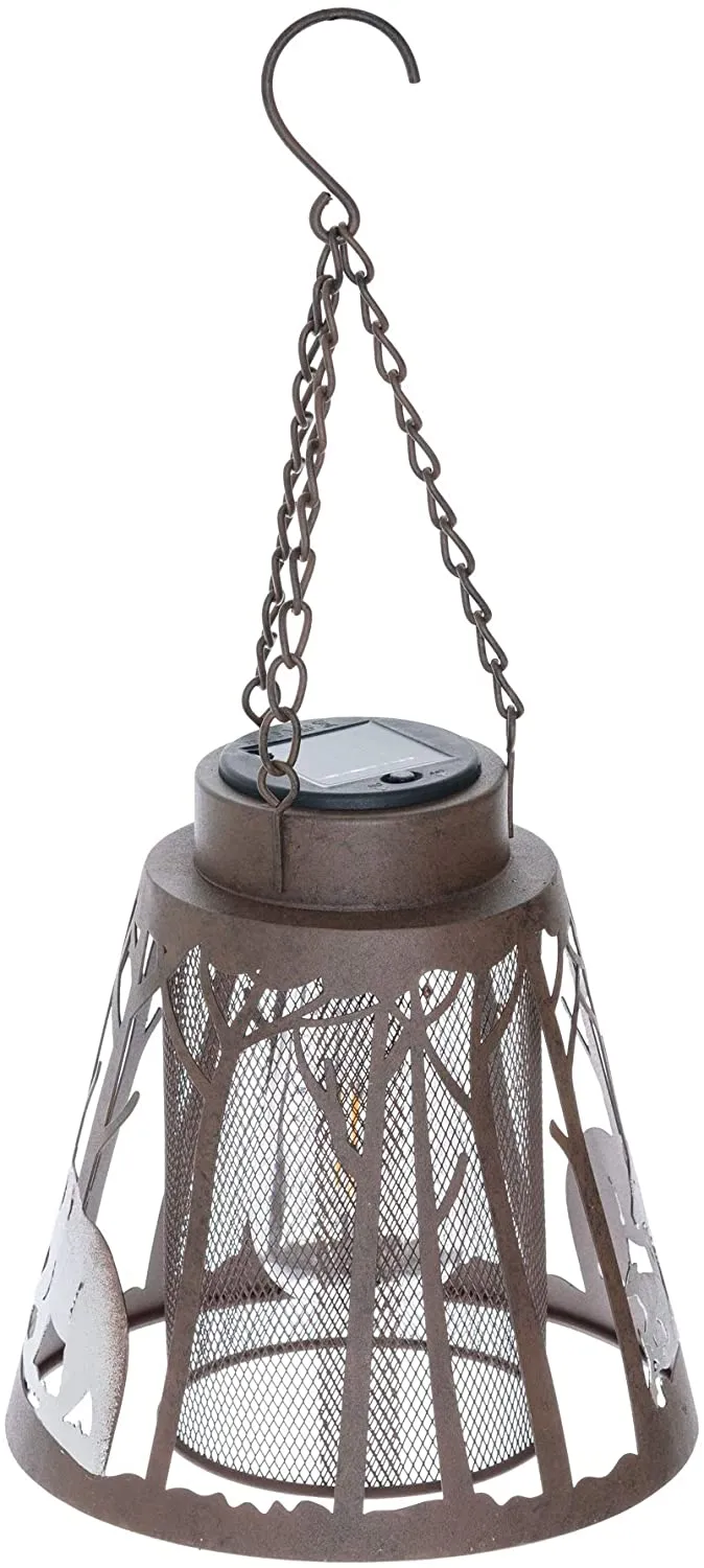 Bear LED Lantern Lights Decorative - Metal Round Holder Hanging Lantern for Indoor Outdoor by Pine Ridge | Flameless Lodge Night Light Cabin Decor | Halloween and Christmas