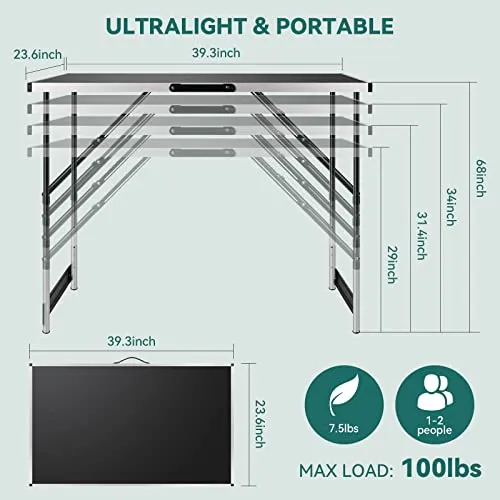 Coobi 24" x 39.5" Folding Table,Ultralight Collapsible with Handle, Height Adjustable,Wooden Desktop for Picnic,Beach,Camp,Travel
