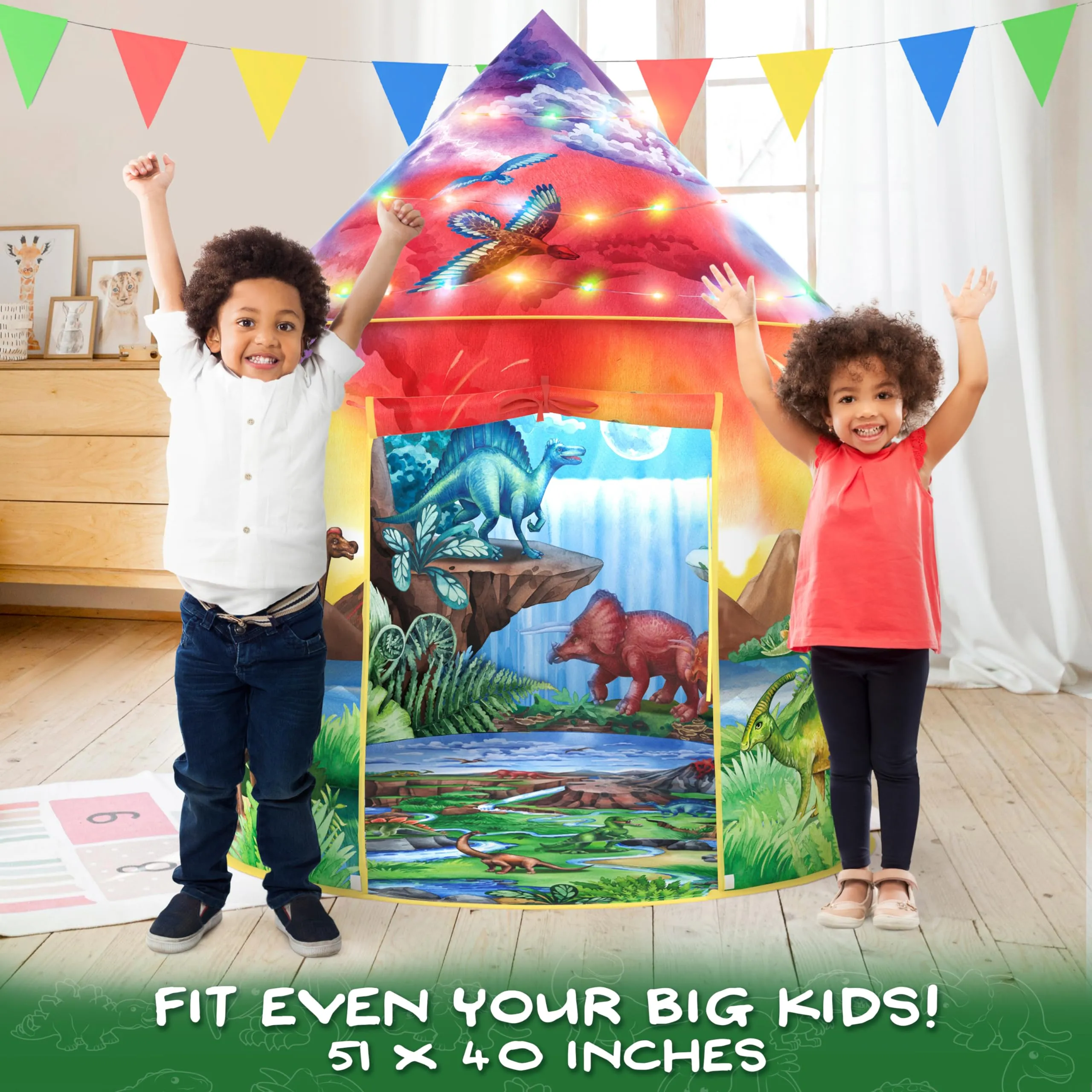 Dinosaur Discovery Kids Tent with Roar Button and LED Lights - 51"