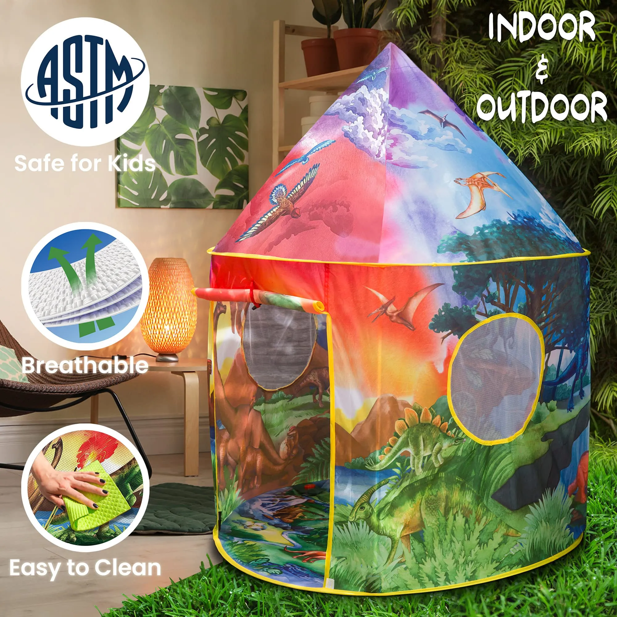 Dinosaur Discovery Kids Tent with Roar Button and LED Lights - 51"
