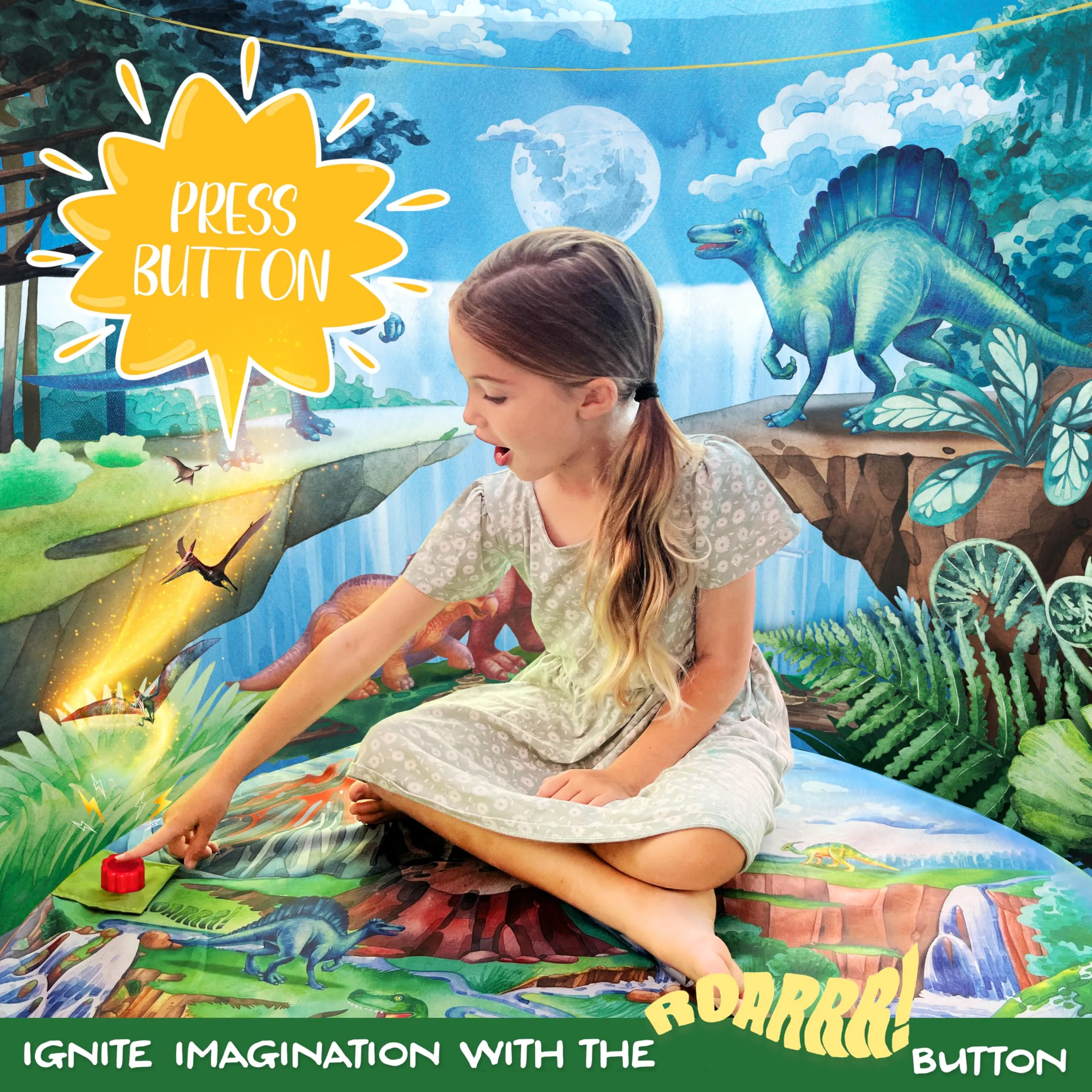 Dinosaur Discovery Kids Tent with Roar Button and LED Lights - 51"