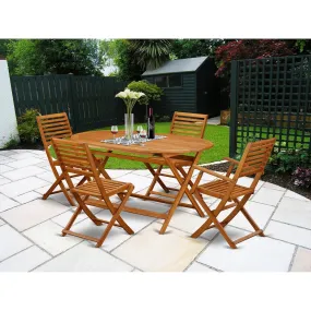 East West Furniture DIBS52CANA 5 Piece Patio Bistro Dining Set Includes an Oval Outdoor Acacia Wood Table and 2 Folding Arm Chairs with 2 Side Chairs, 36x60 Inch, Natural Oil