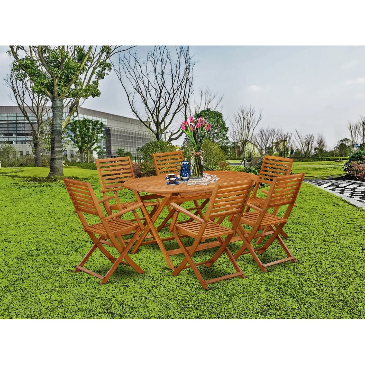 East West Furniture DIBS7CANA 7 Piece Outdoor Patio Dining Sets Consist of an Oval Acacia Wood Table and 6 Folding Arm Chairs, 36x60 Inch, Natural Oil