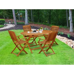 East West Furniture DICM5CANA 5 Piece Patio Bistro Dining Furniture Set Includes an Oval Outdoor Acacia Wood Table and 4 Folding Arm Chairs, 36x60 Inch, Natural Oil