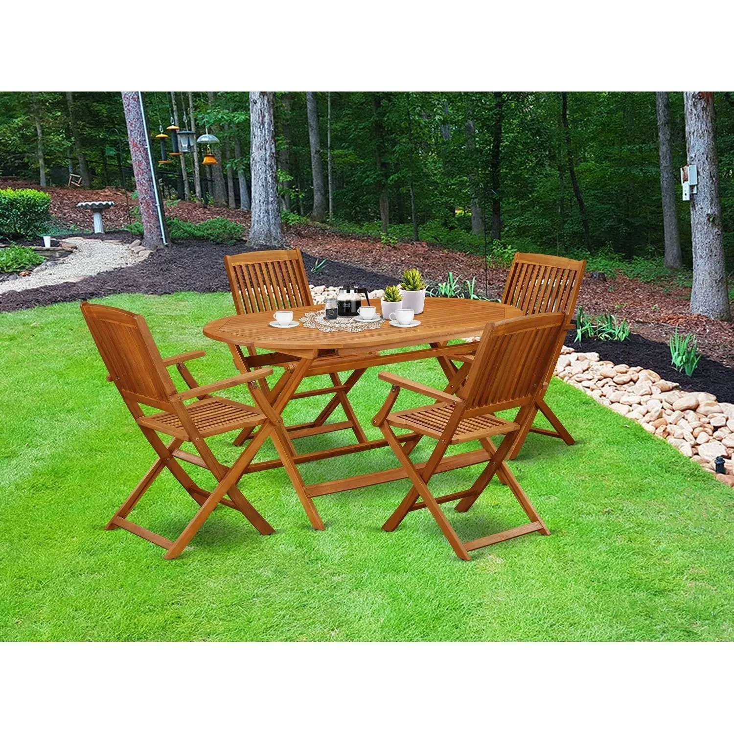 East West Furniture DICM5CANA 5 Piece Patio Bistro Dining Furniture Set Includes an Oval Outdoor Acacia Wood Table and 4 Folding Arm Chairs, 36x60 Inch, Natural Oil