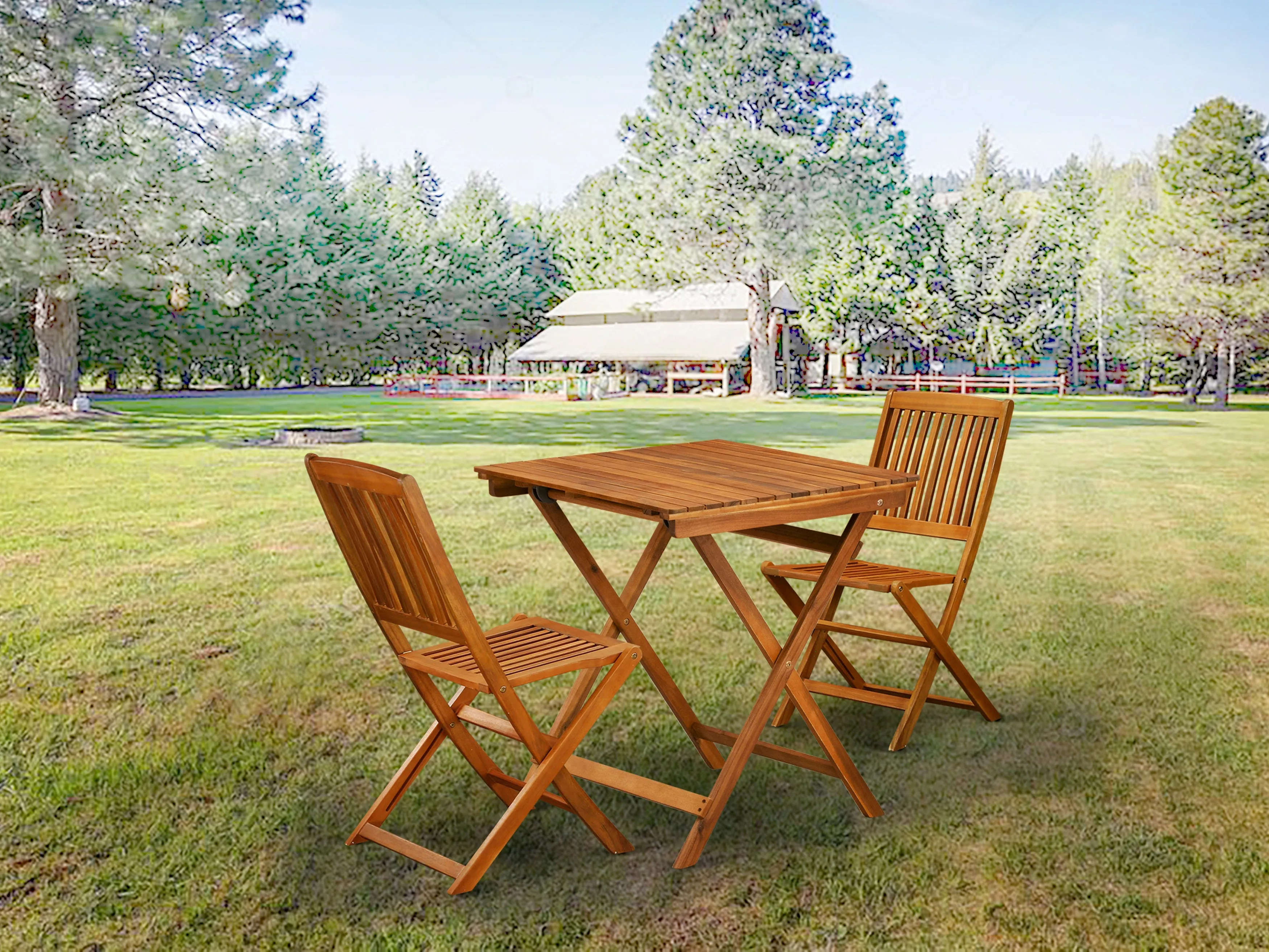 East West Furniture SECM3CWNA 3 Piece Outdoor Conversation Bistro Set Contains a Square Acacia Wood Coffee Table and 2 Folding Side Chairs, 26x26 Inch, Natural Oil