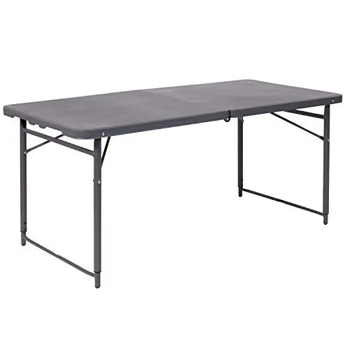 Flash Furniture Mills 4-Foot Height Adjustable Bi-Fold Dark Gray Plastic Folding Table with Carrying Handle